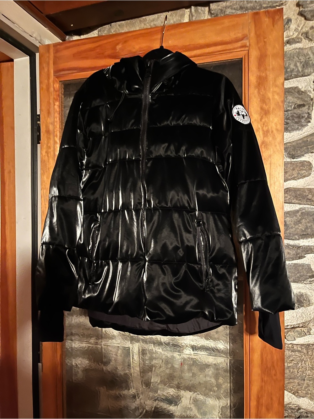 Shiny Black Quilted Hooded Puffer Jacket - Unbranded
